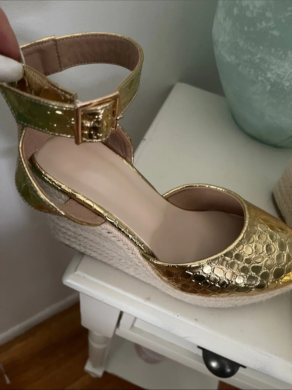Gold Metallic Ankle-Strap Espadrille Wedge Heels